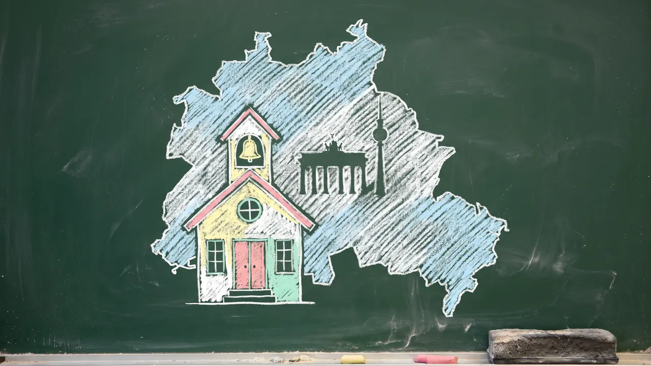 Mit Kreide gemaltes Schulhaus mit Umriss von Berlin