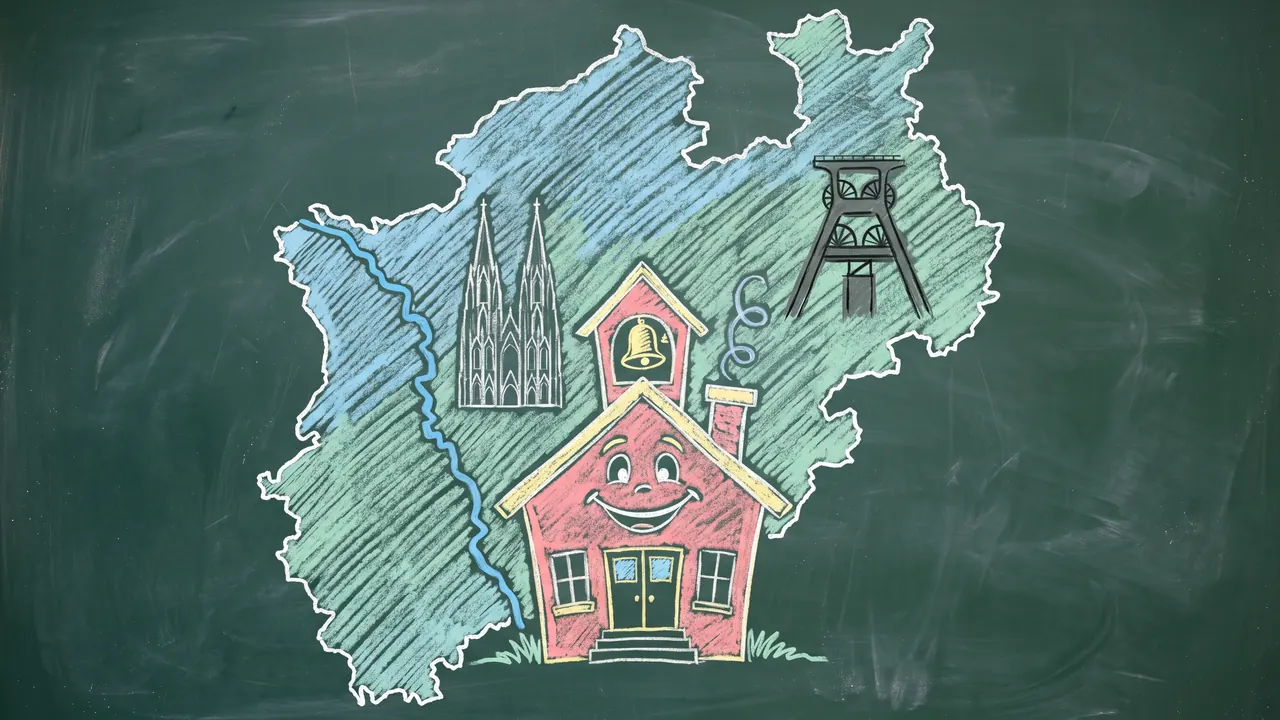 Mit Kreide gemaltes Schulhaus mit Umriss von Nordrhein-Westfalen