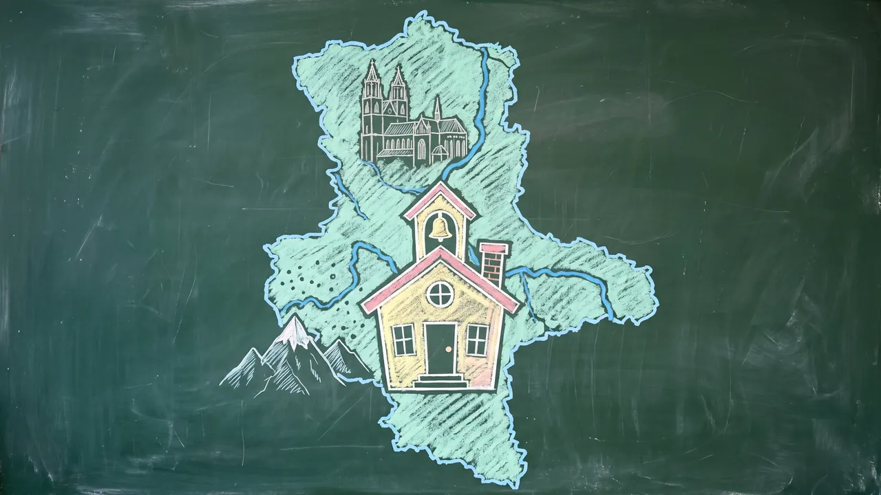 Mit Kreide gemaltes Schulhaus mit Umriss von Sachsen-Anhalt